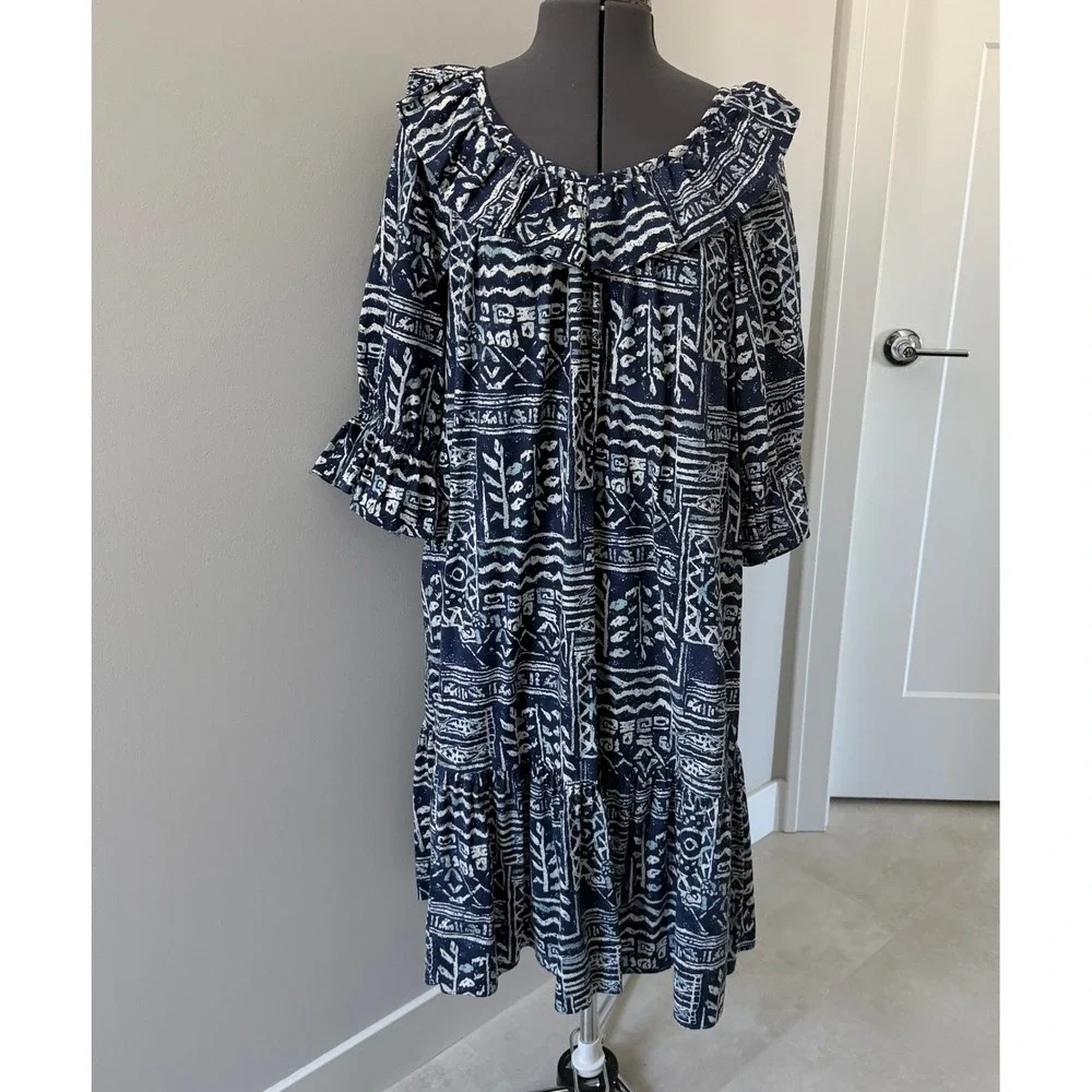 Hilo Hattie Vintage Made‎ in Hawaii Muumuu Dress Blue Tribal Ruffle Midi L NICE